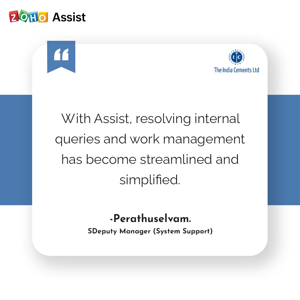 ZohoAssist's tweet photo. Learn why The India Cements Limited switched to Zoho Assist as their primary remote support tool for all their remote connectivity needs.

#remotesupport #zoho #zohoassist https://t.co/KFLv8TqySe