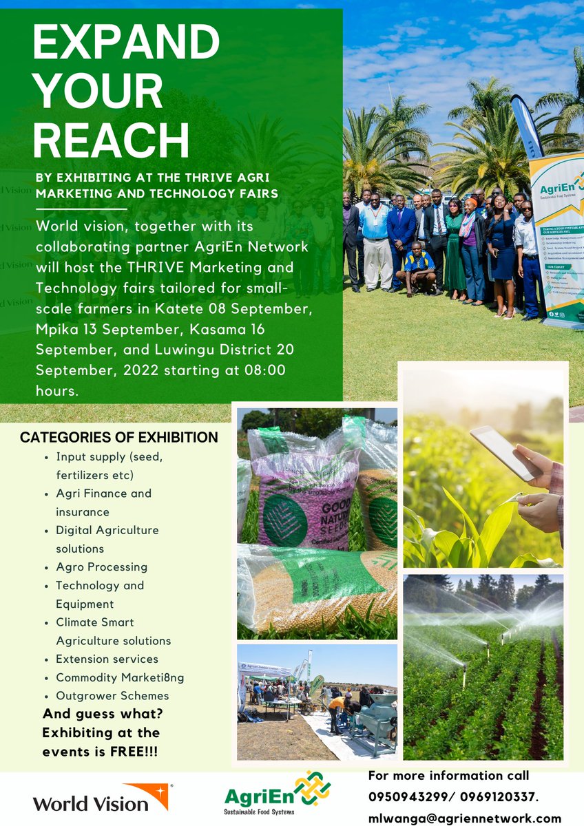 AgriEn_Network's tweet photo. Don't miss out on this exciting opportunity. Register  and exhibit at the Thrive Agri-Marketing and Technology Fairs in any of the categories below!!!
Remember: Exhibition is FREE!!! 
#THRIVE2022
#THRIVINGlives
@WorldVisionZamo https://t.co/6KPe95mzDc