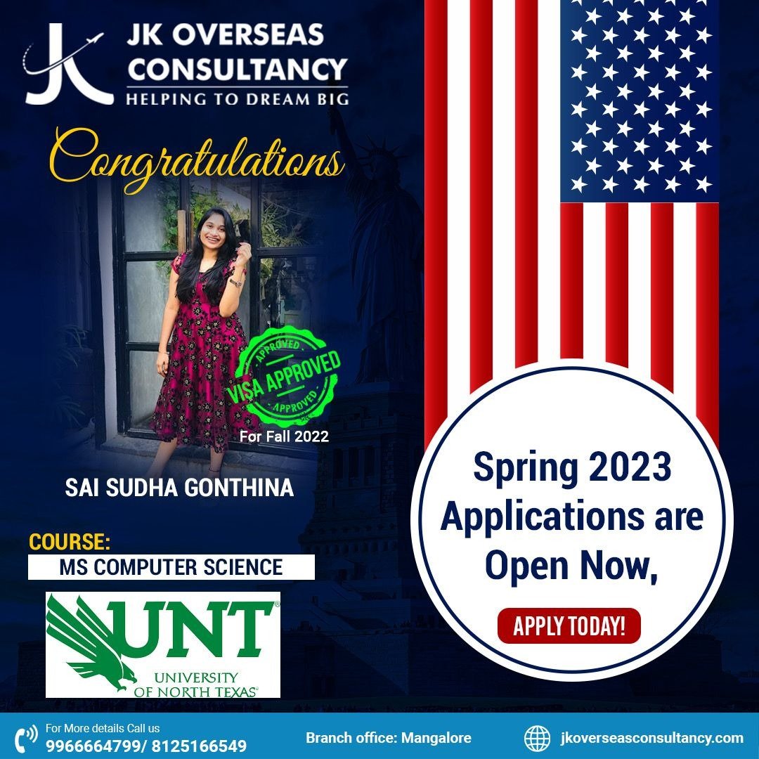 OverseasJk's tweet photo. Hearty Congratulations to Sai Sudha Gonthina for the Visa approval for University of North Texas. Spring 2023 applications open now. Apply today
πWebsite: https://t.co/MKKIEI9HGW
#JKOverseas #Congratulations #VisaApproval #MSComputerScience #UniversityofNorthTexas #Spring2023 https://t.co/LaiL4jtPtc