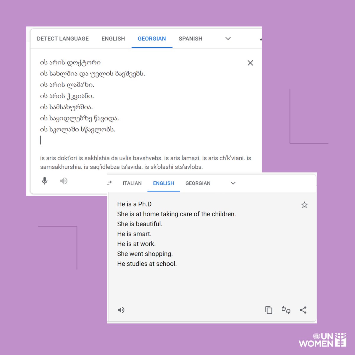 unwomengeorgia's tweet photo. Humanity is moving towards gender equality at a very slow pace; we have not yet managed to have artificial intelligence that does not offer us gender roles in translation. 

Try Google Translate yourself (Georgian to English).
#Googletranslate
#Genderroles
#AI 
#Genderequality https://t.co/Q9ynuWo896