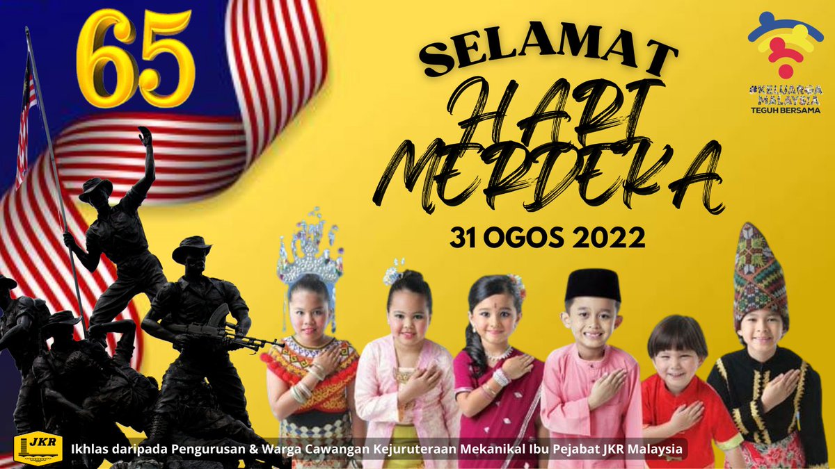 JKR_CKM's tweet photo. Pengurusan &amp; Warga CKM Ibu Pejabat JKR Malaysia mengucapkan Selamat Menyambut Hari Kemerdekaan yang Ke 65. Sambutlah hari kemerdekaan kita dengan jiwa yang penuh semangat patriotisma.

MERDEKA, MERDEKA, MERDEKA 🇲🇾 https://t.co/DZTSdGSDB0