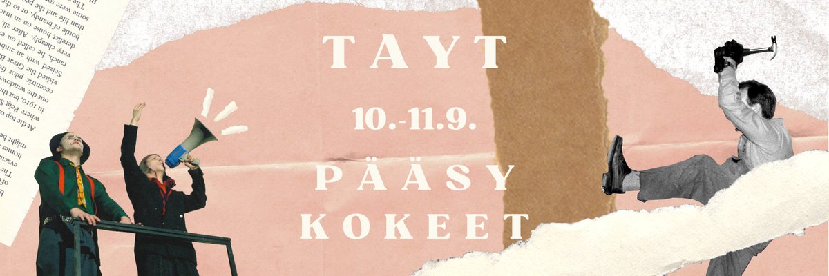 PÄÄSYKOKEET 10.-11.9.2022🌟Kuuletko teatterin kutsun? Tampereen Ylioppilasteatteri hakee taas uusia jäseniä! Ilmoittaudu mukaan 31.8. klo 23.59 mennessä täyttämällä Google Forms -lomake osoitteessa:forms.gle/KWchAwnPZcqXvm…
Lisätietoja: tayt.fi #teatteri
