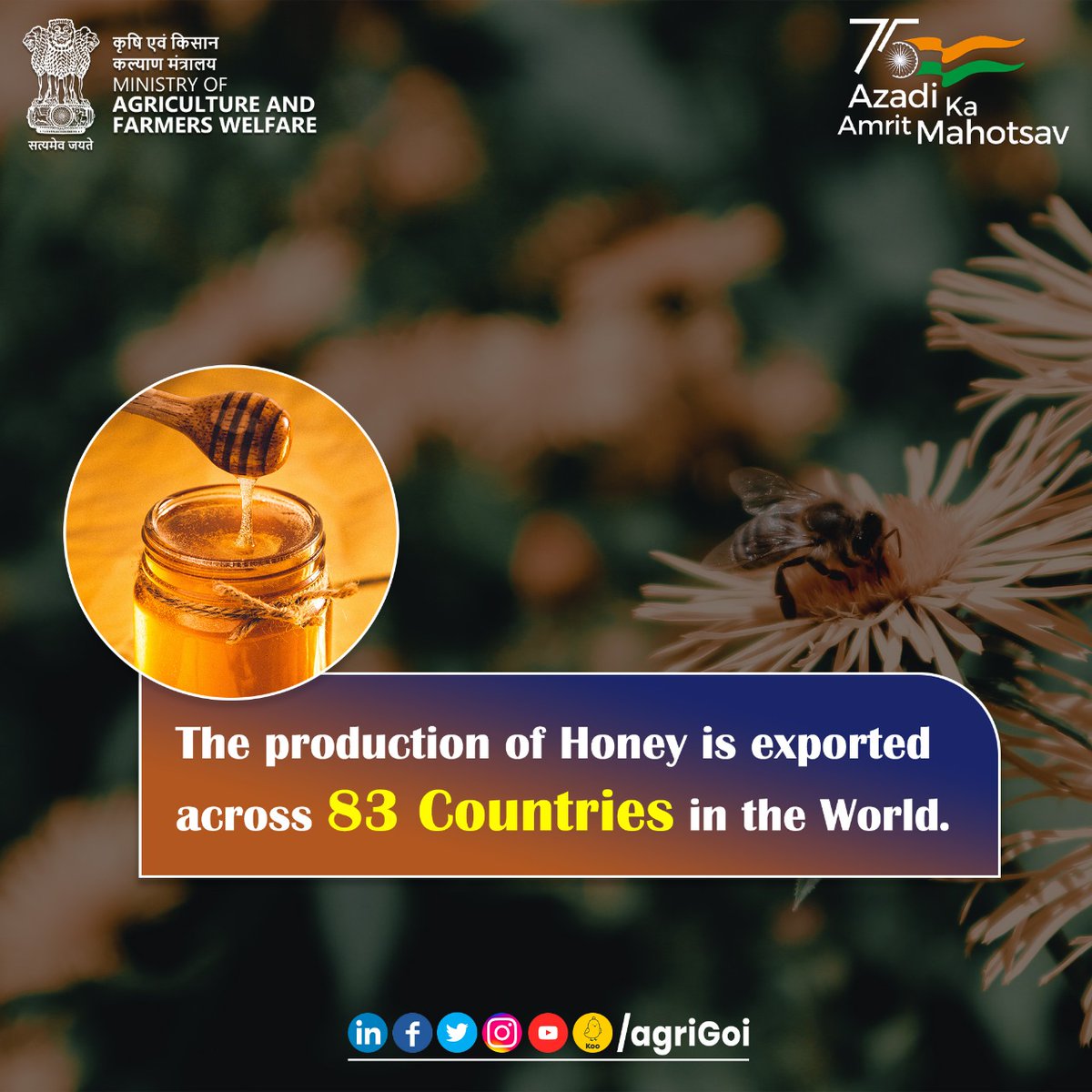 AgriGoI's tweet photo. The Production of Honey is exported across 83 Countries in the World.
#startupindia #waxproducts #Honeyproduction #honeybee #atmanirbharBharat #Honeyexport #workshoponhoney2022 #pollinator #Honey #flowergarden #savethebees #farmers #beekeepers #apiculture #localbusines https://t.co/yQ48NAAhDq