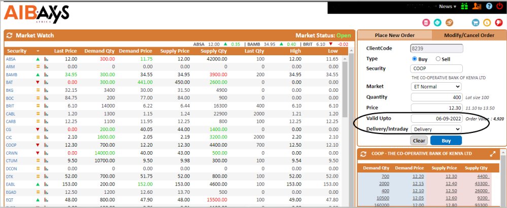 6. Enter order validity date 
E.g. if you enter valid up-to as 6/9/2022 it
means if order not executed on 6th Sept then it will expire when market closes on 6/9/2022.

Delivery =you will hold the shares for more than a day
Intra-day =you will sell the shares within the same day