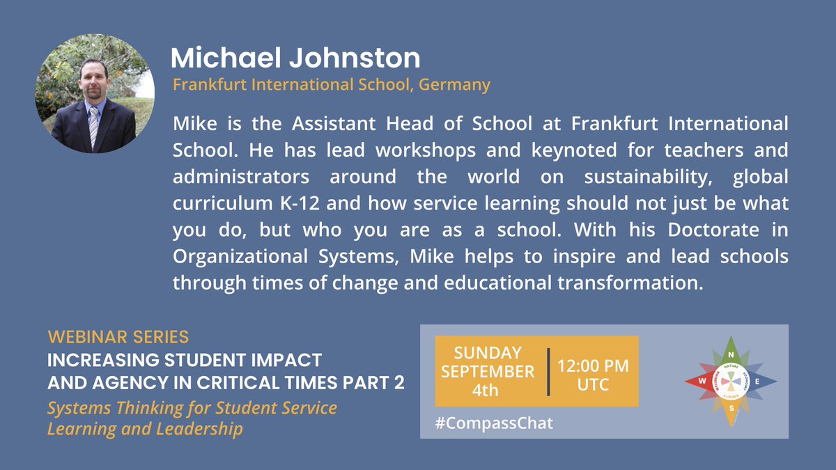Compass_Ed's tweet image. Join us for our 2nd webinar with inspiring education leaders from international schools who are guiding the development of strong service and sustainability programs that empower students as community leaders
@johnstonmike34 | @FIS_School
Info ow.ly/iK1N50KpQf2
#CompassChat