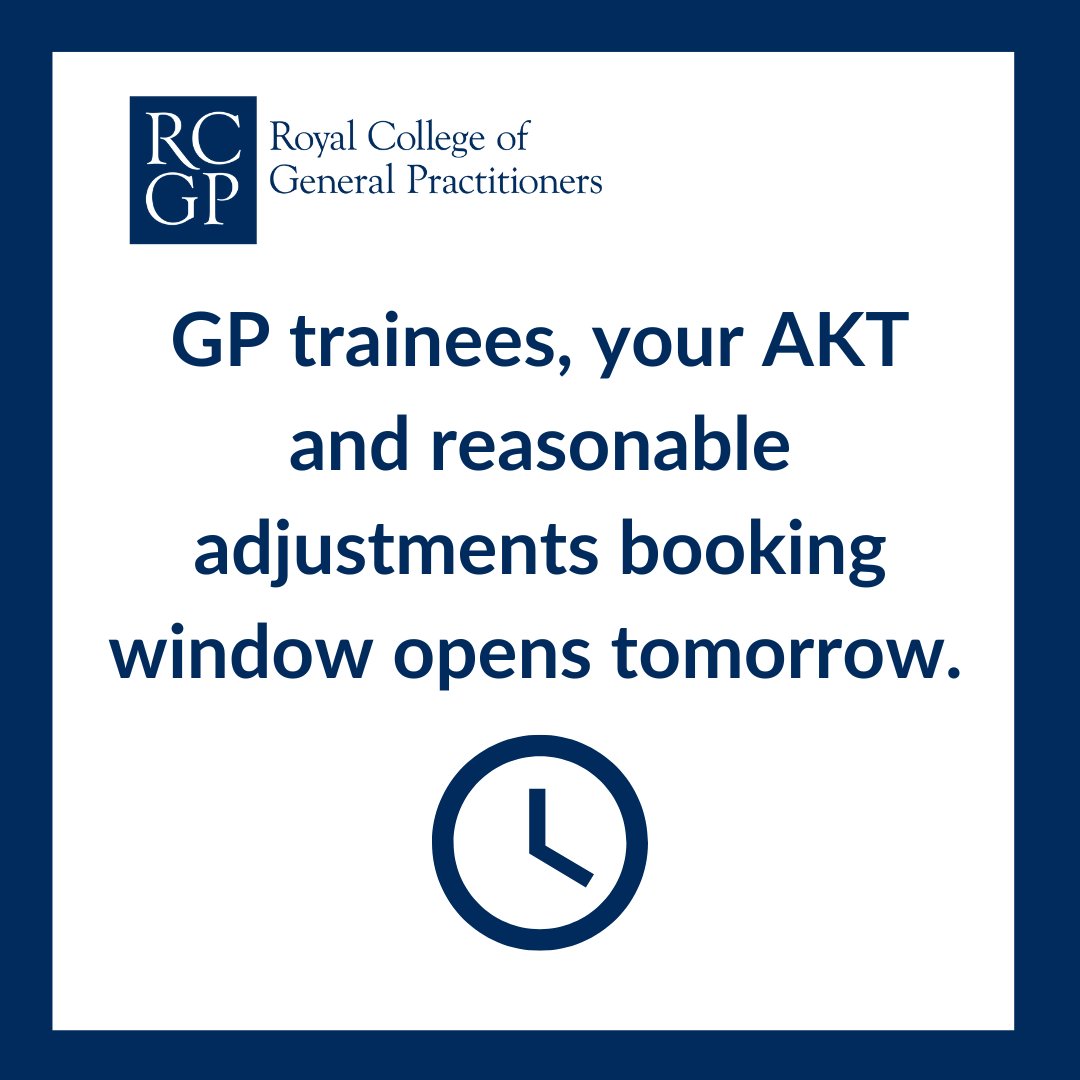 The AKT booking window opens tomorrow until 2 September. To process your reasonable adjustments in time for the examination, you must submit your RA1 form during this time. Find out all you need to know before applying. ➡️ rcgp.org.uk/mrcgp-exams/ap…