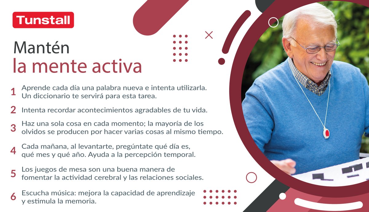 tunstall_es's tweet photo. Recuerda los siguientes 6 consejos para mantener una #menteActiva: 

✔️ Estimula el lenguaje
✔️ Ejercita la memoria
✔️ Presta atención a todo lo que haces
✔️ Trabaja la orientación
✔️ Pasa tiempo en compañía
✔️ Haz funcionar el cerebro

Más consejos aquí: https://t.co/CWqqNaioaV https://t.co/6VjNhSMqQh