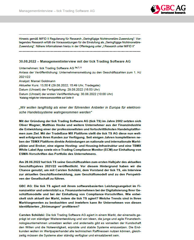 GBC_Research's tweet photo. #tickTradingSoftwareAG #Managementinterview "Wir wollen langfristig als einer der führenden Anbieter in Europa für elektronische Handelssysteme wahrgenommen werden" #SmallCaps #Börse #Aktie #Research #Software https://t.co/p8wVvf3Chm https://t.co/5B13yWYLW9
