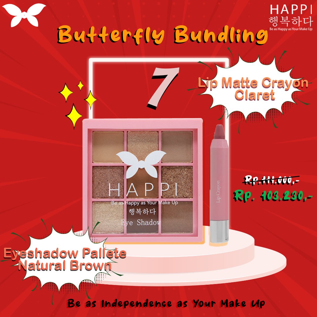 happicosmetics's tweet photo. Sudah tau belum sama yang praktis serta ekonomis? ya butterfly bundling 7. Kamu bisa mendapatkan Eyeshadow Pallete Natural Brown dan Lip Matte Crayon shade Claret 2 product dalam satu paket sekaligus dengan diskon 30% off! Get it now!
#BeAsIndependenceAsYourMakeUp #AugustOffer https://t.co/GHZNOtlrlK