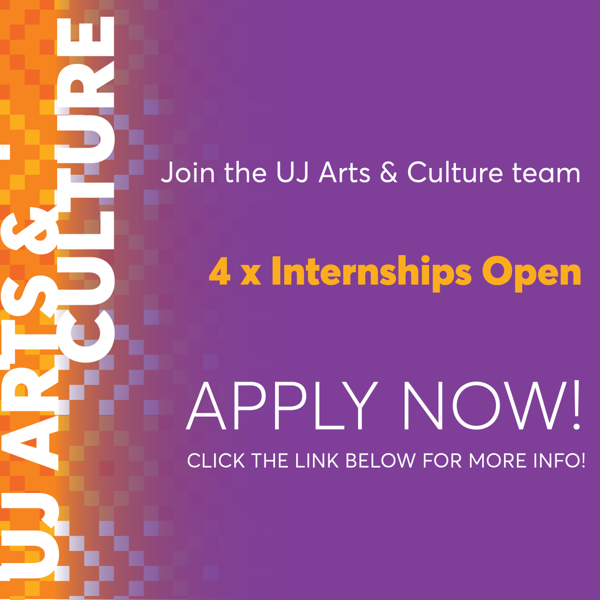 📣Opportunity 
UJ Arts &amp; Culture calls for applications for internships funded by CATHSSETA.
Internships will include the following 
❗️Copy writing intern
❗️Digital Marketing intern 
❗️Event Management intern 
❗️Art Gallery intern 
arts.uj.ac.za/news/internshi…