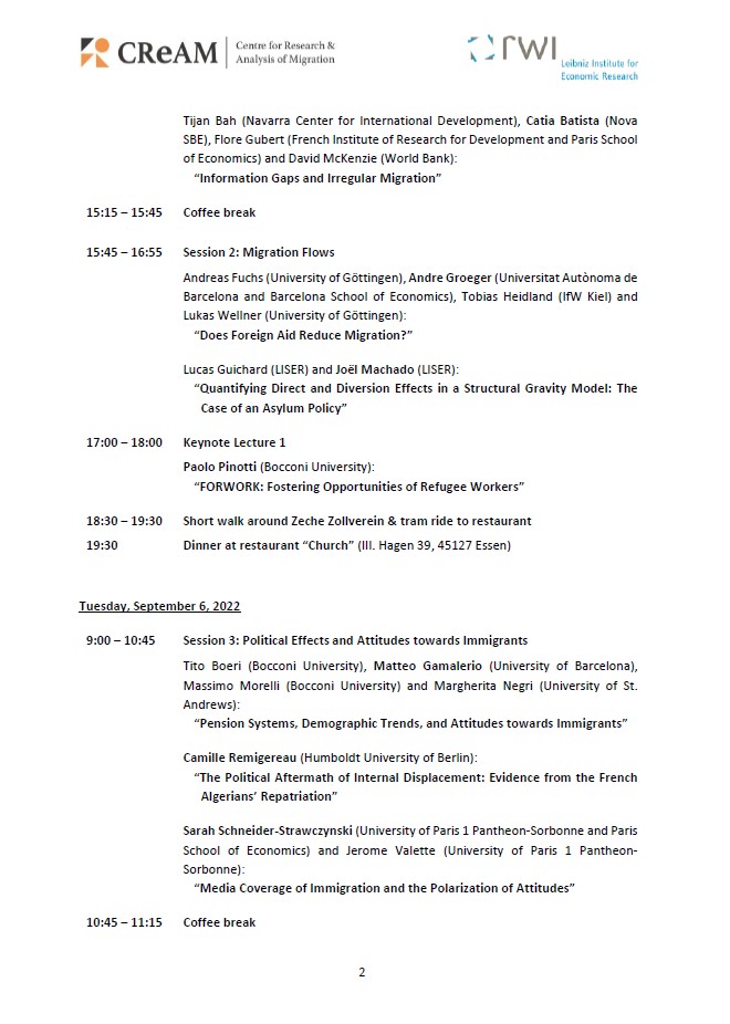j_bredtmann's tweet photo. We are excited that our 3rd @CReAM_Research &amp; @RWI_Leibniz_en Workshop on the Economics of Migration starts next week! #CReAM_RWI_22 #econtwitter
Program: https://t.co/xdq6LN9Eeb 
Keynotes: @FranciscaAntman &amp; @paolopinotti78
What a great line-up 👇 https://t.co/N27DAL9gpd