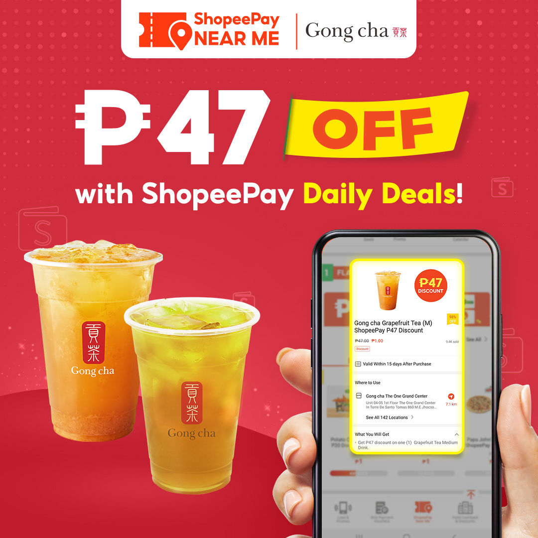 gongchaphil's tweet photo. Gong cha is offering HUGE discounts on your favorite Peach Green Tea and Grapefruit Tea! Get up to P47 OFF today with our ShopeePay Vouchers! Deserve mo yan!

#ShopeePayNearMe
#ShopeePayPH
#GongchaPH 
#BrewingHappiness 
#YouDeserveHappiness 
#Dasurrrb https://t.co/o2GG6cLVVB