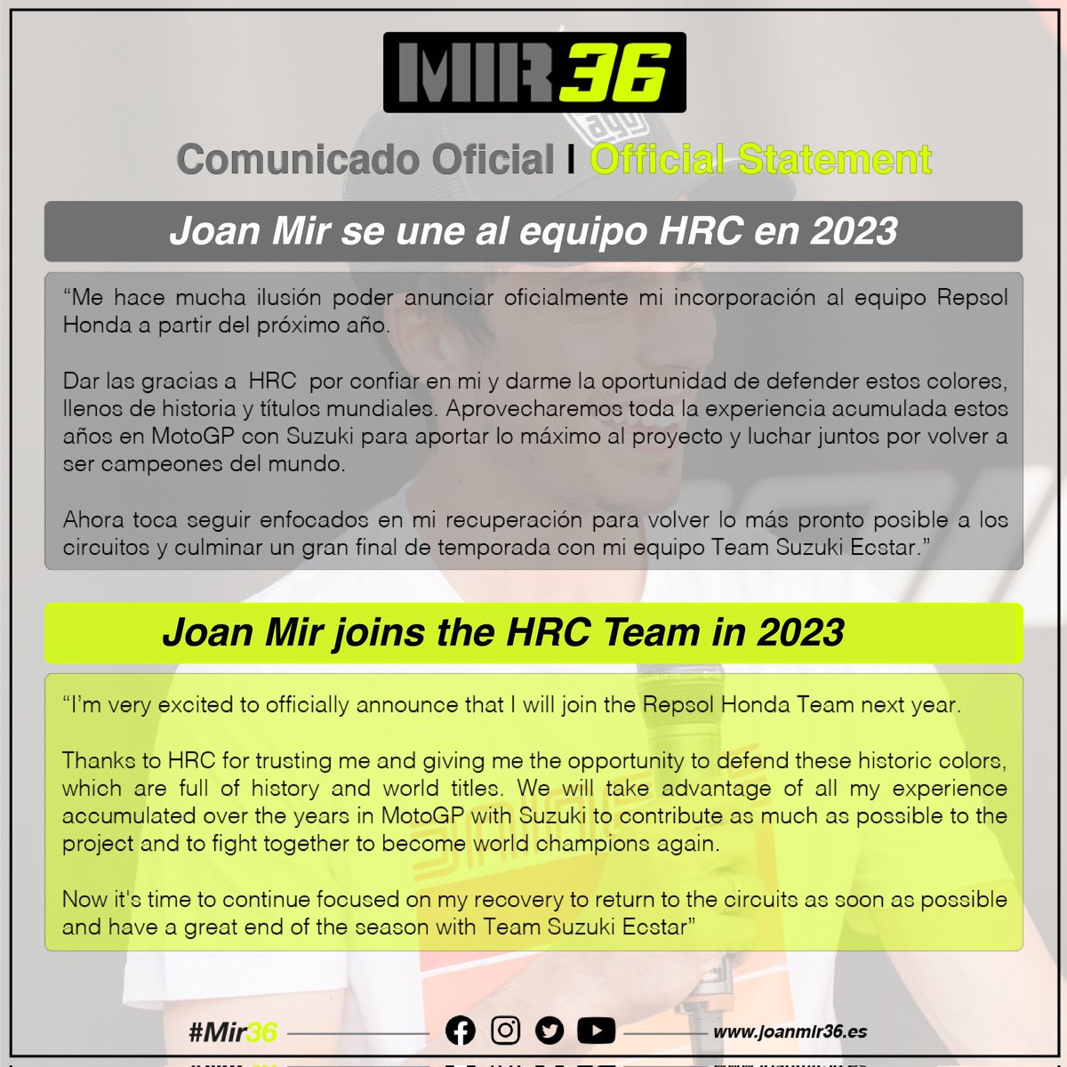 Double2MAP's tweet photo. 🚨 BREAKING NEWS 🚨 

‼️ ES OFICIAL. @JoanMirOfficial ficha por @HRC_MotoGP y será compañero de equipo de #MarcMarquez al menos por dos temporadas (2023 y 2024)

#MotoGP #JoanMir #RepsolHondaTeam #HRC https://t.co/5sDNqnEppH