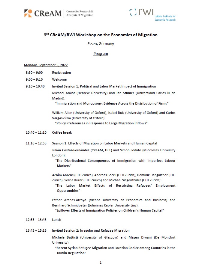 j_bredtmann's tweet photo. We are excited that our 3rd @CReAM_Research &amp; @RWI_Leibniz_en Workshop on the Economics of Migration starts next week! #CReAM_RWI_22 #econtwitter
Program: https://t.co/xdq6LN9Eeb 
Keynotes: @FranciscaAntman &amp; @paolopinotti78
What a great line-up 👇 https://t.co/N27DAL9gpd