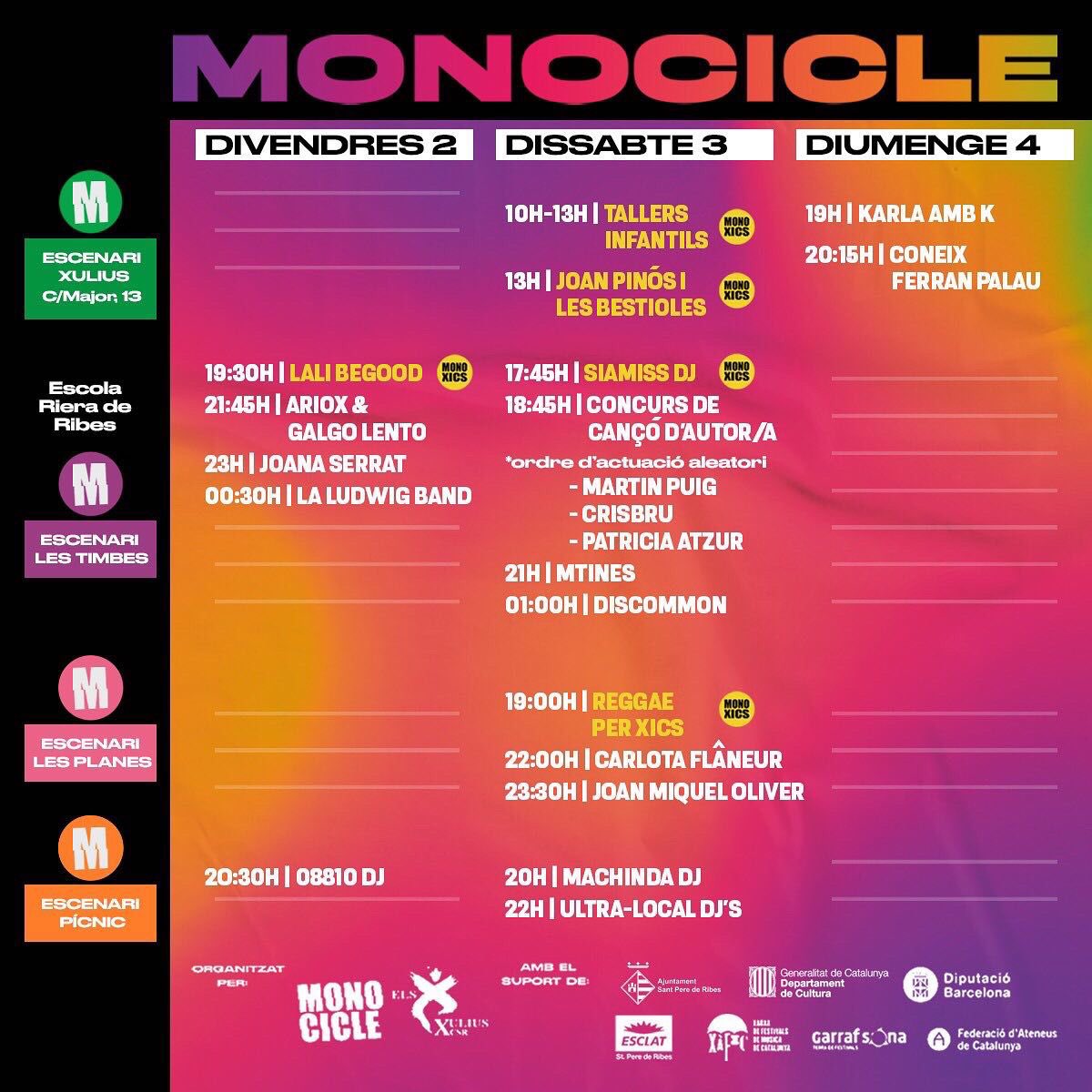Si t’estaves preguntat com organitzar-te per poder venir al Monocicle, ja tenim l’horari del Festival! 🙌🏼

Escenaris, horaris i artistes per dies, tot per a que aquest cap de setmana ens veiem a la 5a edició del Festival Monocicle🚀