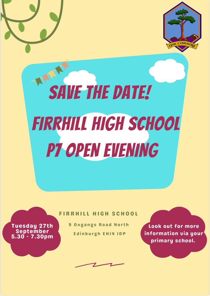 Save the date - P7 Open Evening <a href="/ColintonPrimary/">Colinton Primary</a> @PentlandPS <a href="/OxgangsPS/">Oxgangs PS Edinburgh</a> <a href="/LongstoneLPS/">Longstone Primary School</a> <a href="/BonalyPrimary/">Bonaly Primary</a>