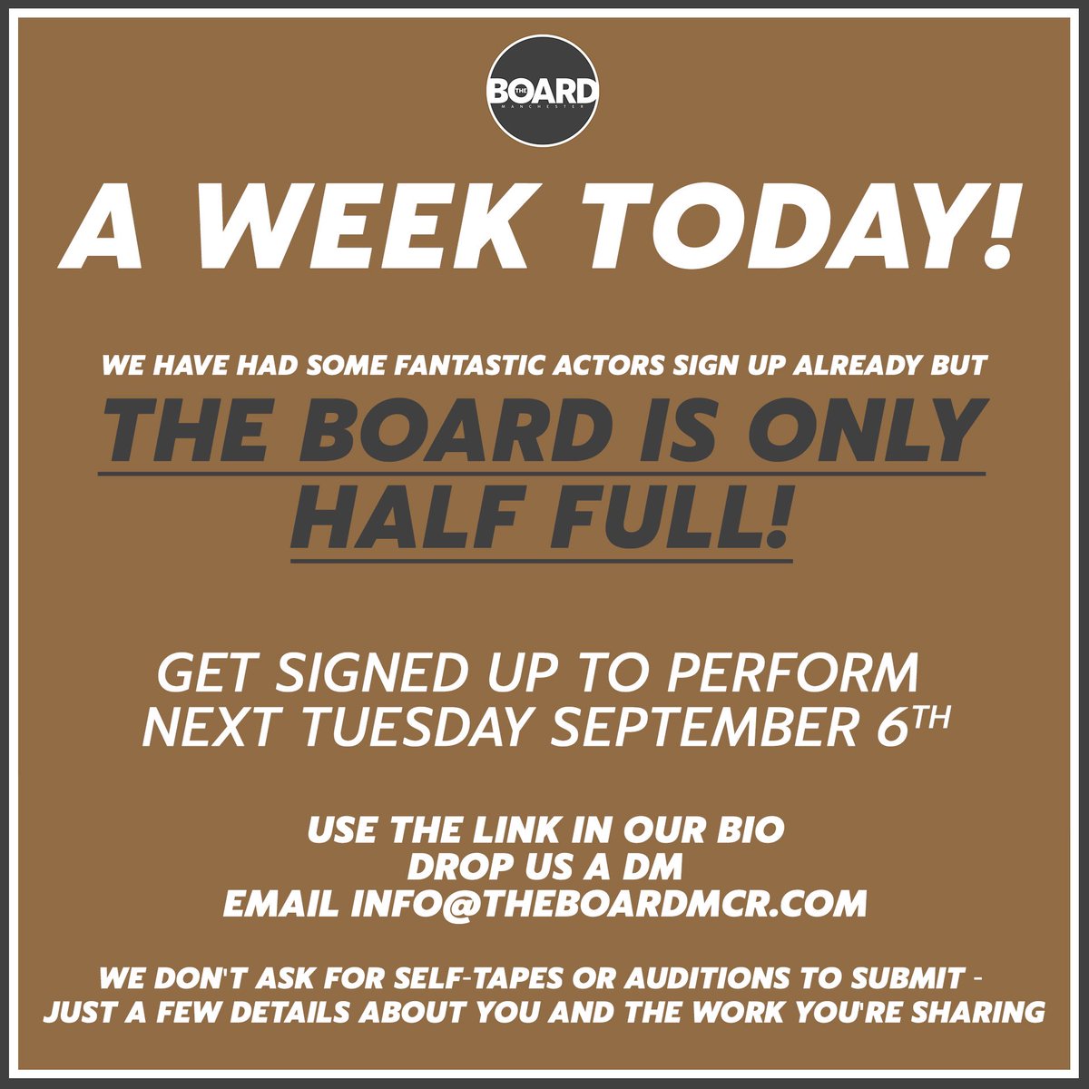 TheBoardMCR's tweet photo. CALL OUT FOR ACTORS! 

Tuesday 6th September! https://t.co/YUZjB26awE