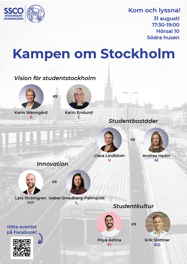 I morgon kör vi! Kom till Stockholms universitet och lyssna på vad <a href="/KWanngrd/">Karin Wanngård</a> <a href="/karinernlund/">Karin Ernlund</a> <a href="/claralindblom/">Clara Lindblom</a> <a href="/Andrea_Hedin/">Andréa Hedin</a> <a href="/larsstromgren/">Lars Strömgren</a> <a href="/IsabelSmedberg/">Isabel Smedberg-Palmqvist</a> @PoyaAsh och <a href="/ErikSlottner/">Erik Slottner</a> vill göra för Stockholms studenter.

fb.me/e/5AqljRvan