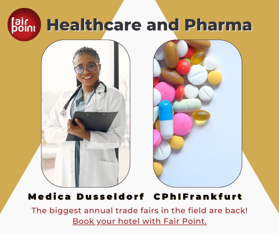 fairpointint's tweet photo. Two of the biggest events in the Healthcare and Pharmaceutical industry are starting soon. Dusseldorf and Frankfurt are expecting visitors from 170 countries and both cities will be full of life. It is still not too late to book your hotel for the events. 
https://t.co/GynV6HnzdX https://t.co/98NtoSEig8