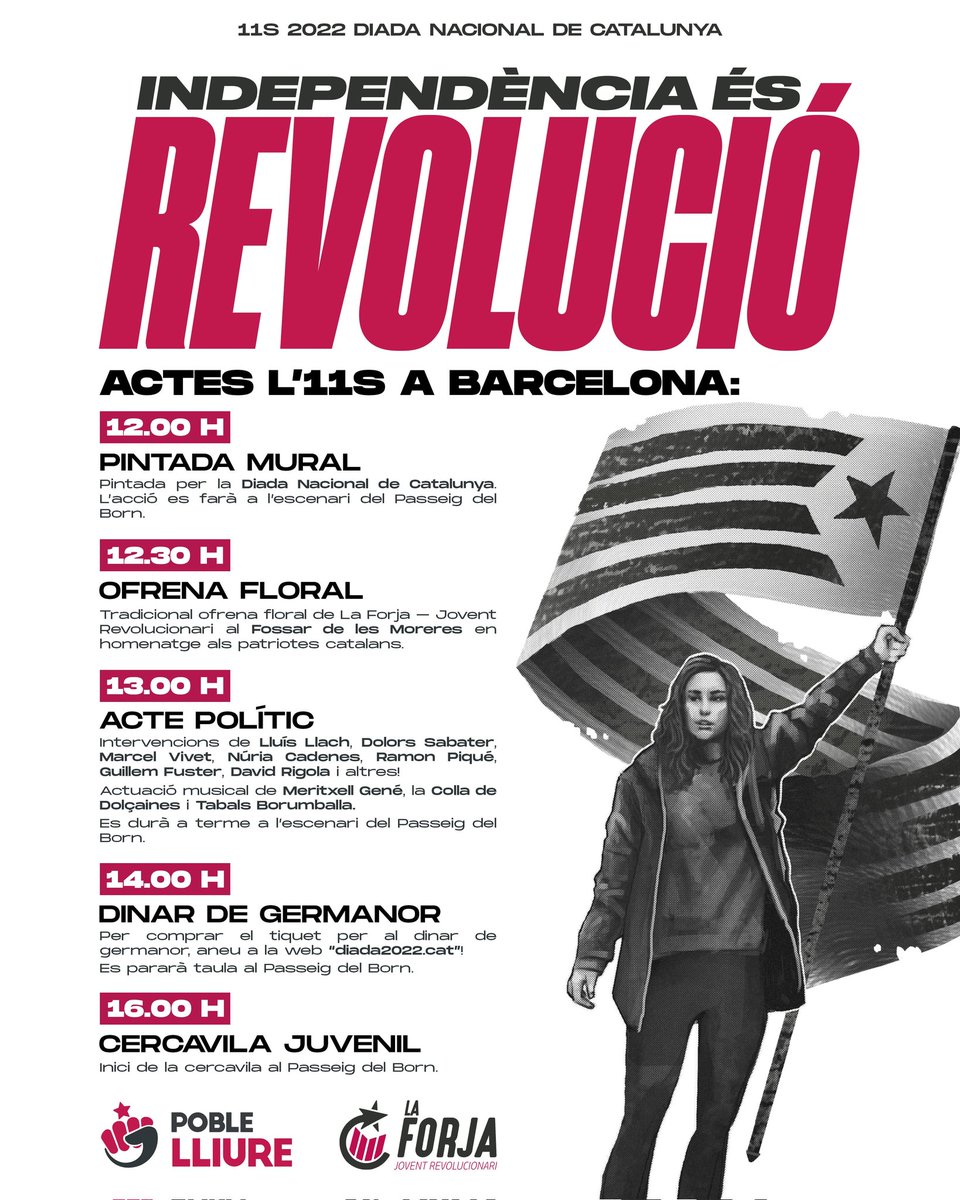 #11Setembre | Presentem el programa d'actes de <a href="/LaForja_Jovent/">La Forja</a> i <a href="/Poble_Lliure/">Poble Lliure</a> per la Diada d'enguany a Barcelona.

🗓️ Diumenge 11 de Setembre 
🕒 12:00-17:00
📍 Passeig del Born

✊ T'hi esperem, #IndependènciaÉsRevolució

🔗 Més info i tiquets: diada2022.cat