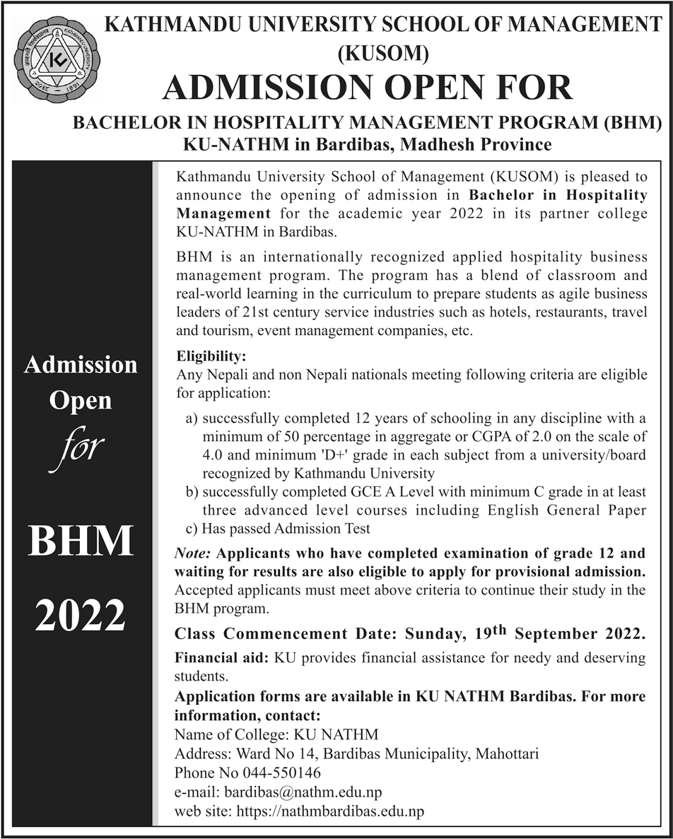 NewModelEdu's tweet photo. #AdmissionsOpen: Kathmandu University School of Management(KUSOM) announces admissions open for Bachelor in Hospitality Management (BHM).
#KUSOM #BHM #Hospitality #Management #NATHM #KU https://t.co/9FGruLf8NI
