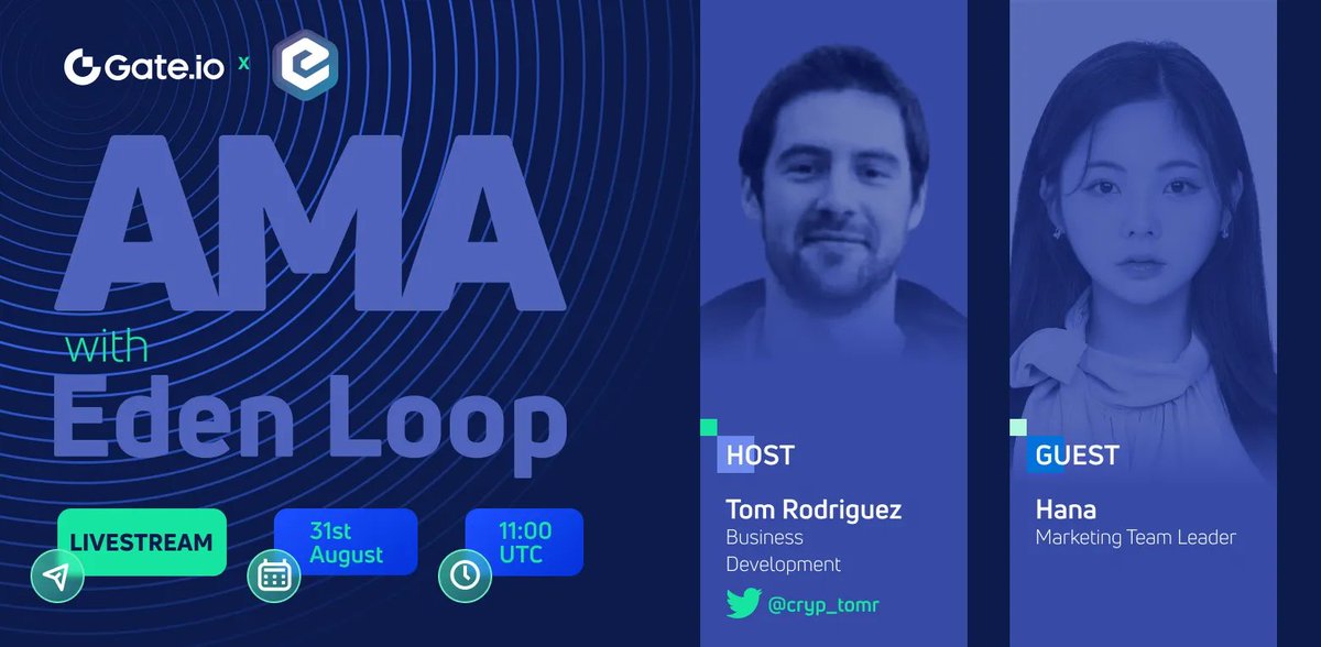 🔥 AMA | Eden Loop | Gate.io
⏰ August 31st at 11:00 UTC 
💰 Win a share of $ELT prize pool 

1 Follow @gate_io, <a href="/eden_loop/">EdenLoop</a> , <a href="/cryp_tomr/">Tom</a>
2 Subscribe to youtube.com/c/GateioCrypto
3 RT &amp; tag a friend
4 Fill out: forms.gle/BCkepRhdHj7XTV…

Live: gate.io/live/5ec0da094…