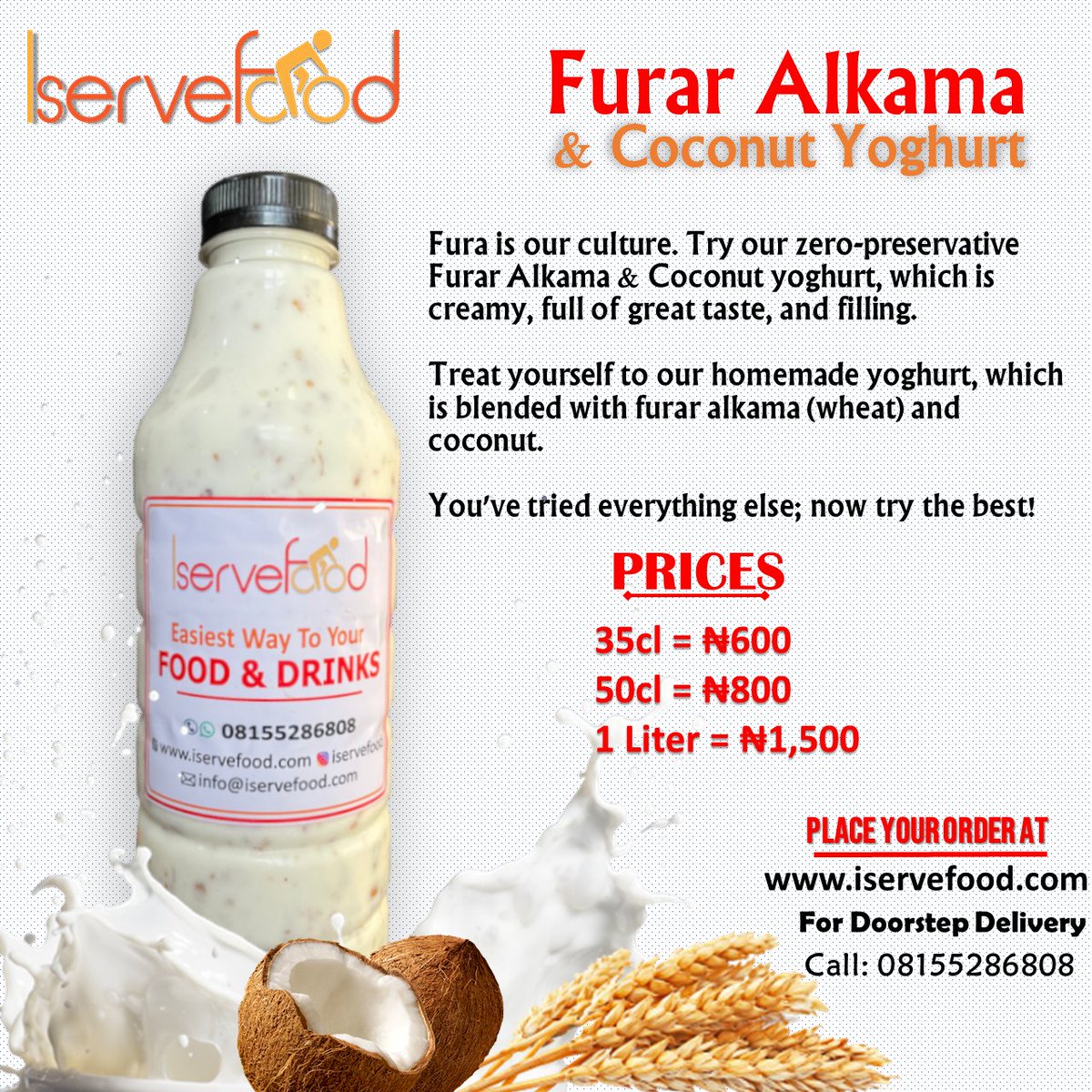 KadunaSolutions's tweet photo. Introducing Furan Alkama and Coconut Yoghurt. Freshly homemade yoghurt. It's creamy, delicious and filling.

Order now and taste the real taste of yoghurt drink.

Delivery Locations: Zaria, Kduna, Abuja, Kano Katsina.

Esther, Grammy https://t.co/Yqb85hWVnQ
