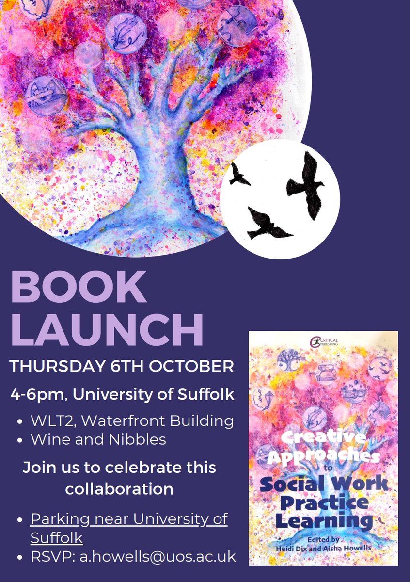 **Book Launch** Creative Approaches to Social Work Practice Learning.6th October. Join us to celebrate this collaboration with the editors, authors & poets. RSVP: a.howells@uos.ac.uk #practiceeducation #onsitesupervisor #mentor #practicelearning #practiceeducator #book #Creative