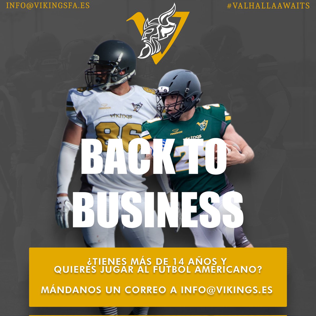 Comienza la nueva temporada!!

¿Quieres jugar al fútbol americano? Mándanos un correo a info@vikingsfa.es y ven a probar

Os iremos informando estos días de lugar y horario de entrenamiento.

Esto empieza ya!!!
#valhallaawaits #VikingsFootball