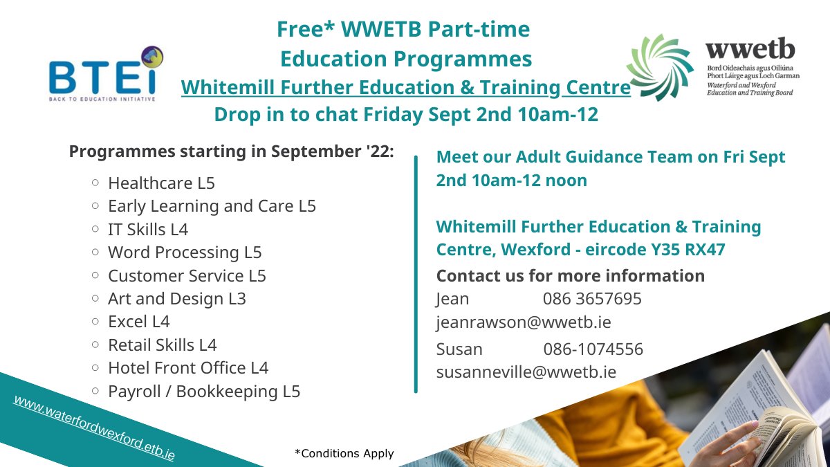 WWETBofficial's tweet photo. ๐#Free #WWETB #PartTimeCourses ๐at Whitemill Further Education & Training Centre, Wexford Y35 RX47 Call in this Friday for a chat with the Adult Guidance Team๐ข10am-12pm and discuss courses starting in September #WWETB #PathToLearningForAll
https://t.co/dbHwlbjvmL https://t.co/2rYfc0RnUt