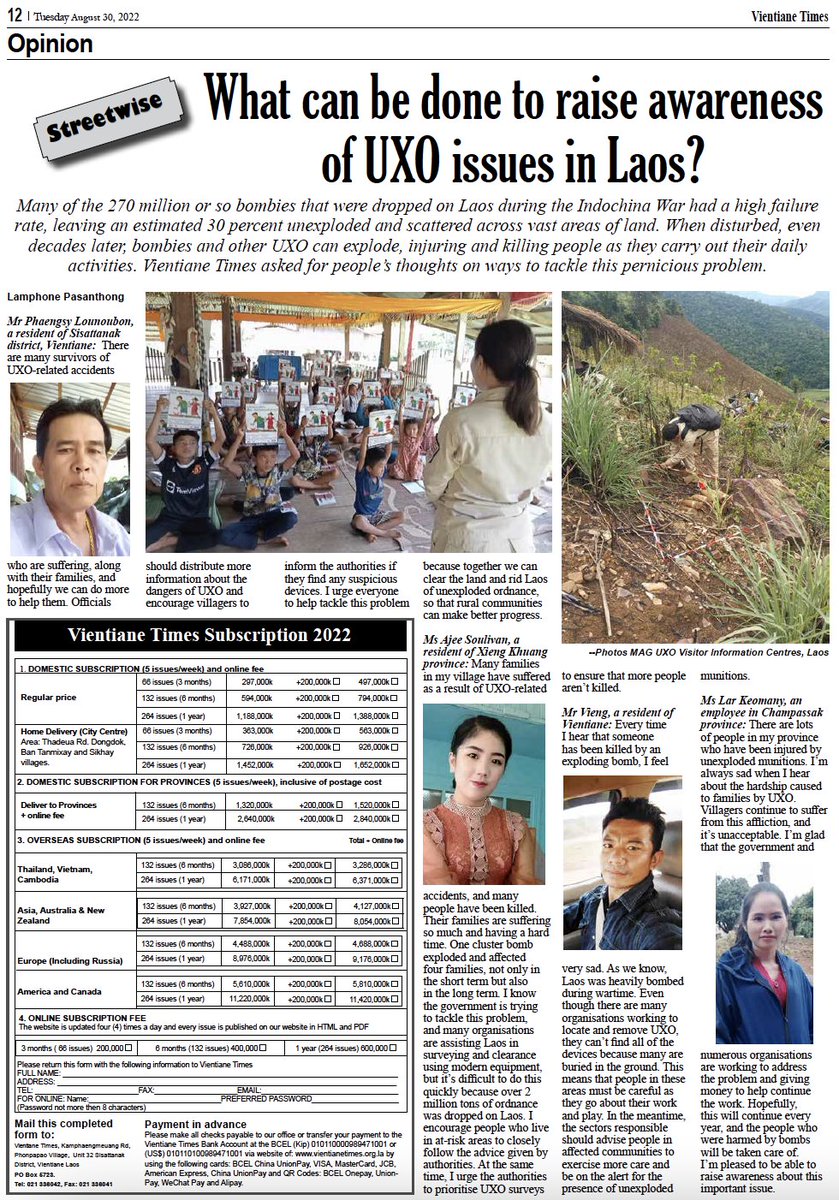UNDPLaoPDR's tweet photo. With thanks to @VientianeTimes #today 🔎 we learned about what some of the public audiences have expressed about➡️ “What can be done to raise awareness of #UXO issues in Laos?”  

Share your thoughts in the comments below or retweet to join the conversation! https://t.co/rS6xdLWLJX