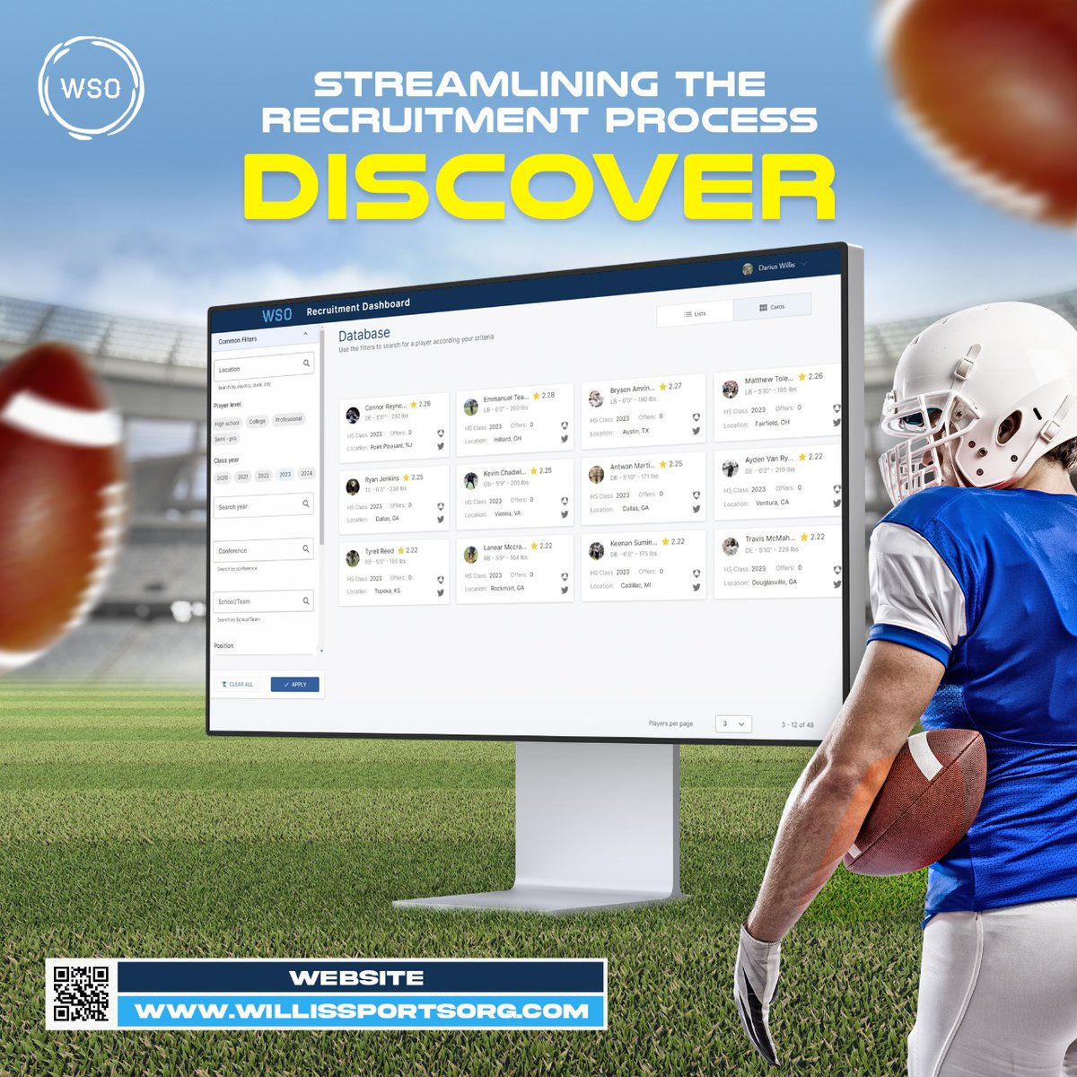 Join and get access to the WSO Recruitment Dashboard free trial. #football #coaches #product #sportstech #data #athletes #analytics #scores #filters #scouting #recruiting #discover #automatedsolutions #naia #juco #ncaa 
willissportsorg.com