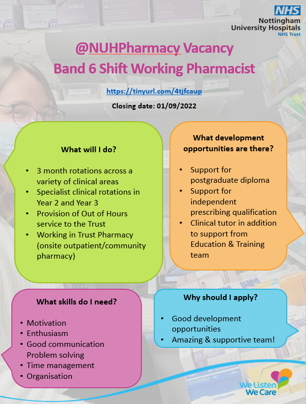 NUHPharmacy's tweet photo. **WE ARE HIRING**

We are looking for pharmacists* to join our team of Shift Working Pharmacists here at NUH, providing a vital service to our patients 24/7!

https://t.co/QWOmkzMKsH

Closes THURSDAY!

(*Provisionally-registered pharmacists also welcome to chat with us!) https://t.co/VR3G3Unjdb