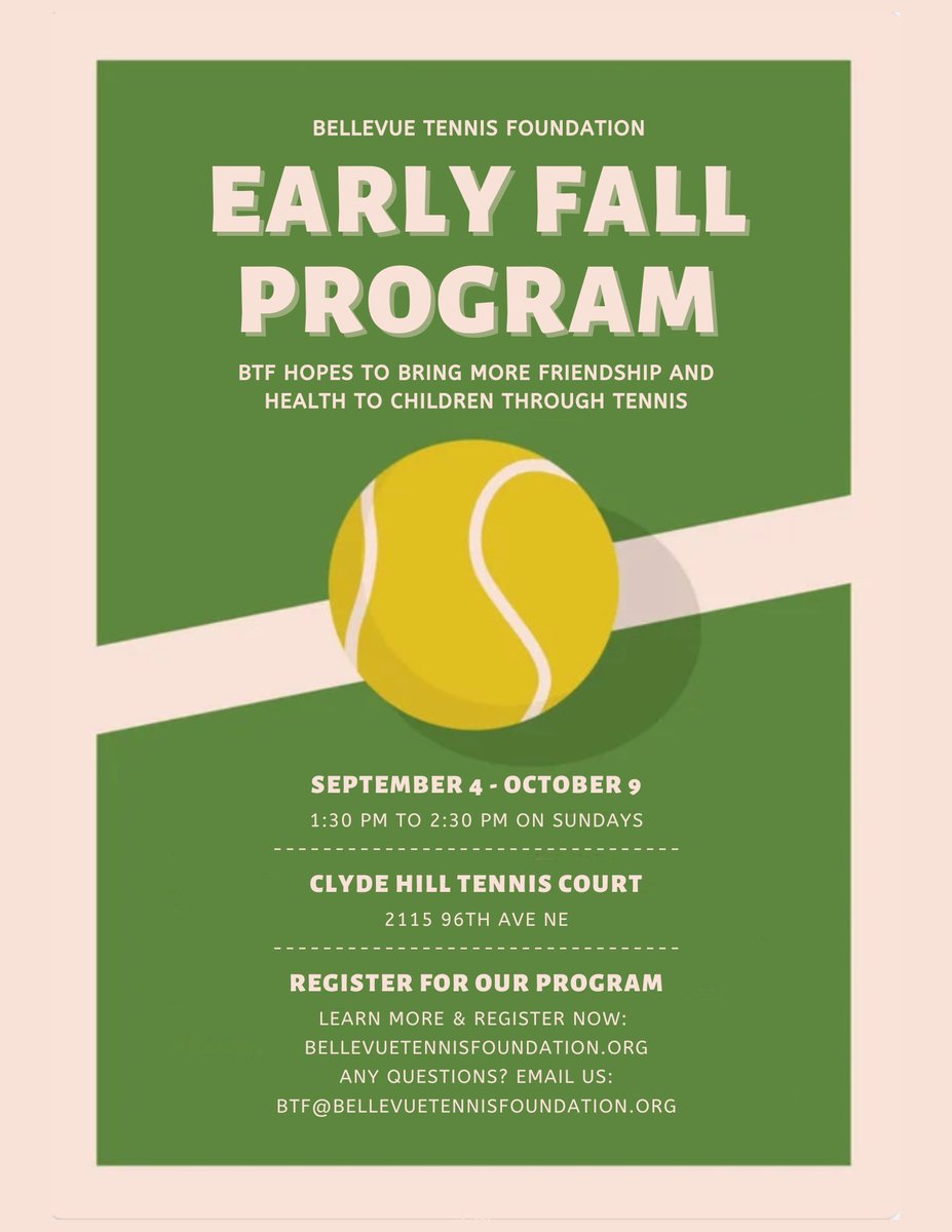BTF_2022's tweet photo. Our Early Fall Program is now open to register on our website at: https://t.co/EW0p5VNOAi

Let us know if you have any questions! 
Email: btf@bellevuetennisfoundation.org

#tennis #bellevue #bellevuetennis #clydehill #clydehillelementary #youthtennis #fun #chinookmiddleschool https://t.co/F91ZzALwRA