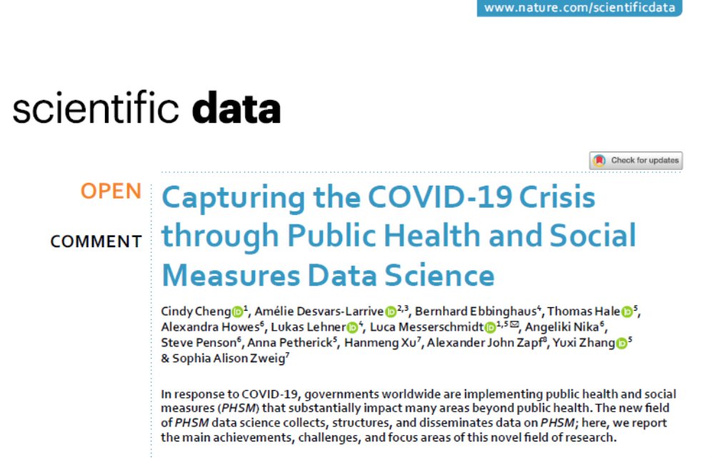 B_Ebbinghaus's tweet photo. In response to #Covid_19, governments worldwide implemented public health & social measures (PHSM) that impacted many areas beyond #publichealth. Our article in Nature: Scientific Data reviews the new field of PHSM data science #PHSM #BigData #DataScience🔗https://t.co/rISW5NZ5X8 https://t.co/8AcJ6ZW1sz