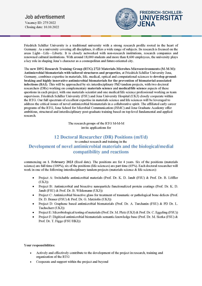 EORS_Society's tweet photo. To @EORS_Society members and others, 12 open PhD positions in the area of anti-microbial materials at the University of Jena. For more info and to apply go to https://t.co/pW1LjaVIFe. See you @iCORS_2022 in Edinburgh next week. #antimicrobialcoating #biomaterials https://t.co/peBCaP3kcn