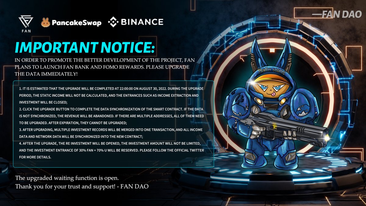 BALINSTONE's tweet photo. In order to promote the better development of the project, FAN plans to launch FAN BANK and FOMO rewards. Please upgrade the data immediately. The waiting function for the upgrade is completed. Thank you for your trust and support! https://t.co/W6hs6GkpoK
