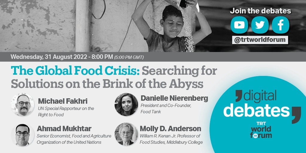 Tomorrow's #DigitalDebates will host <a href="/MichaelFakhri/">Michael Fakhri</a>, <a href="/DaniNierenberg/">Danielle Nierenberg, Food Tank</a>, <a href="/ahmadmukhtar/">Ahmad Mukhtar</a> and <a href="/mollydelcarmen/">Molly Anderson</a> to discuss ''The Global Food Crisis: Searching for Solutions on the Brink of the Abyss"

Join 👇

📅Wednesday, 31 August 2022
⏰ 8:00 PM (5:00 PM GMT)
📍 Live here