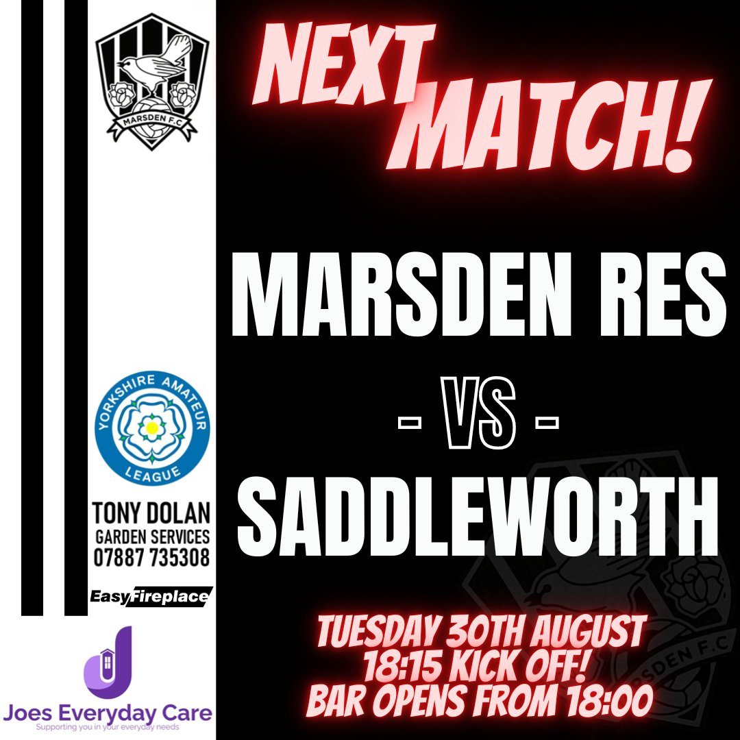 Marsden__FC's tweet photo. GAME DAY ⚽⚫⚪
Reserve Team
🆚 Saddleworth
🏟️ Fall Lane, HD7 6DB
🗓️ Tues 30th August
⌚ 18:15 KO
Come down to support the lads tonight, bar opens from 6pm!
#UTC #MarsdenFC https://t.co/q7XNAPjlE2