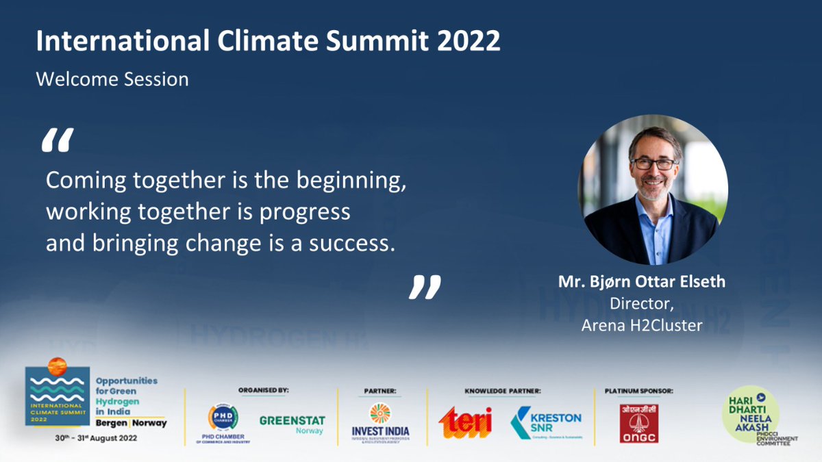 Mr <a href="/belseth/">Bjørn Ottar Elseth</a>, Director, Arena H2Cluster is speaking in the Inaugural Session at the International Climate Summit 2022

#GreenPlanet #ClimateChange #SaveOurPlanet #NoPlanetTwo #India #Norway #Summit