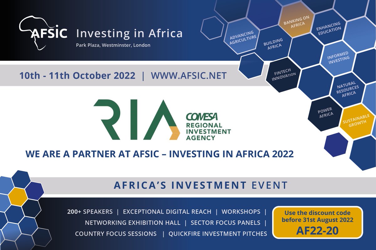 COMESARIA's tweet image. COMESA RIA is glad to announce it&apos;s partnership with @AFSICafrica. 
AFSIC is an annual Africa investment event taking place outside Africa. The event is sponsored by the US, UK, German and Dutch Governments as well as many of  continent’s leading companies and investment bankers.