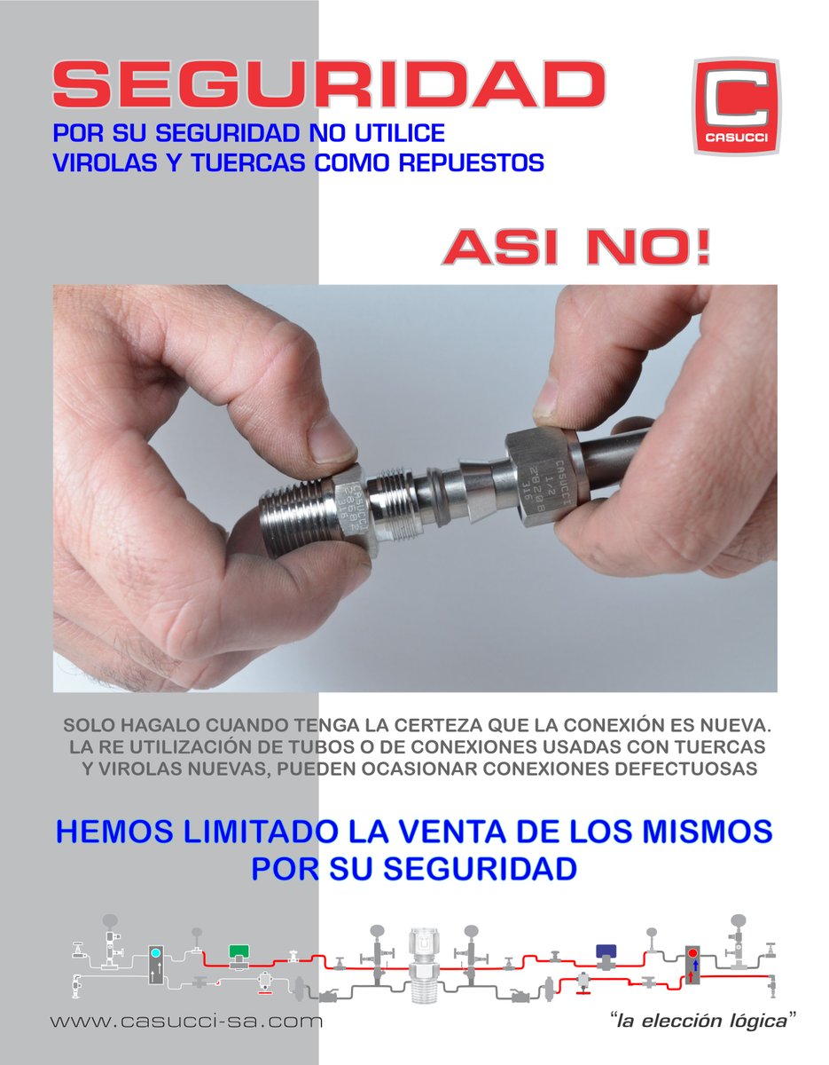 Casuccisa's tweet photo. No utilice virolas y tuercas como repuestos, solo hágalo cuando la conexión sea nueva. #Seguridad #Casucci #Válvulas #Manifolds #Uniones #Conectores #Conexiones #Adaptadores #Soportes #Mangueras #Termoplásticas #Tubos #Multitubos #Accesorios #InstrumentaciónIndustrial https://t.co/SyZdmSZUKR