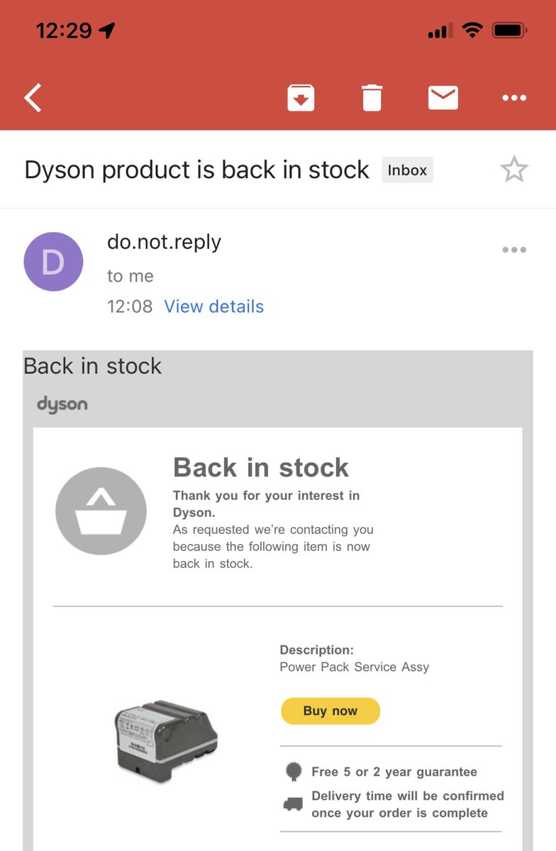 PJeffcock's tweet photo. @DysonUK 16 minutes ago received restock notification. Now out of stock. 2nd time this happens. Waiting months. Did you only get 1?

Need new battery for very expensive Robot Vacuum I got for my 93 yo mum as she can’t do it any more. Your support for these products is abysmal! https://t.co/9rypyJDxUV