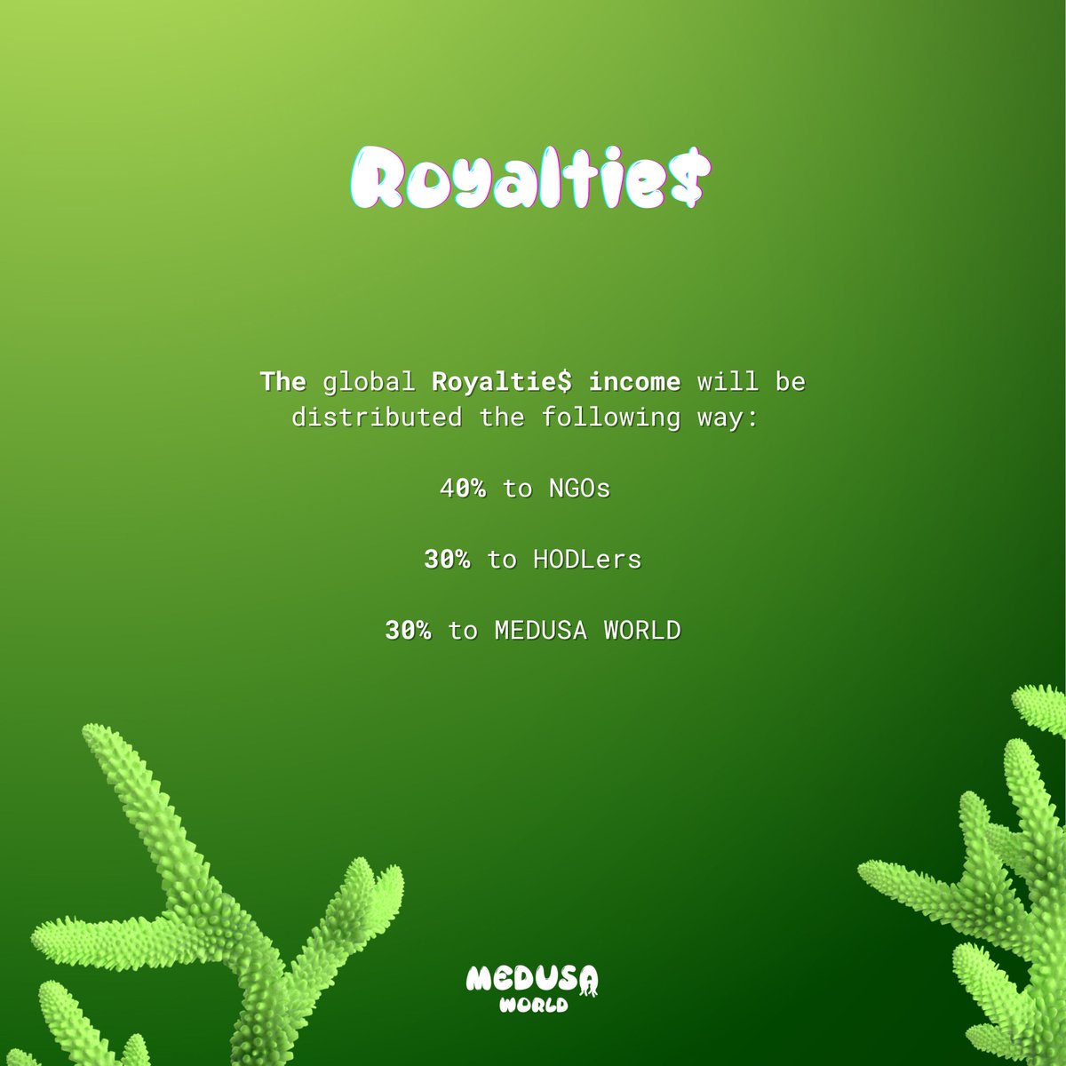 MedusaWorld_DAO's tweet photo. 👑 UTILITY REVEAL [4/5]

🌀 #Royalties: MW’s philosophy is simple: sharing is caring. Creating a virtuous circle implemented in this DAO model is key to our vision.

🐳 #HODLers will be supporting IRL actions whilst earning passive #eth income.

40%-NGOs
30%-HODLers
30%-MW
(1/2) https://t.co/Nb4kMtcy97