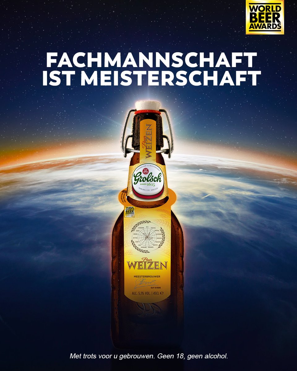 RoyalGrolsch's tweet photo. Trots! Dat dit jaar onze Krachtig Kanon en Puur Weizen bij de #WorldBeerAwards zijn benoemd als beste bier van de wereld! Zo blijkt maar weer: Fachmannschaft ist Meisterschaft.๐ #Grolsch #PuurWeizen #KrachtigKanon https://t.co/7jcCho2iis