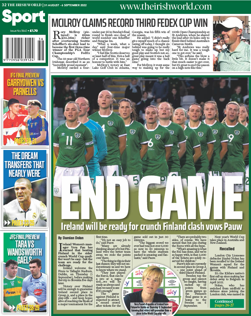 Manager of Republic of Ireland women's soccer team, Vera Pau, of the forthcoming World Cup qualifier clash with Finland in this week's <a href="/theirishworld/">the Irish World</a> IW Sport