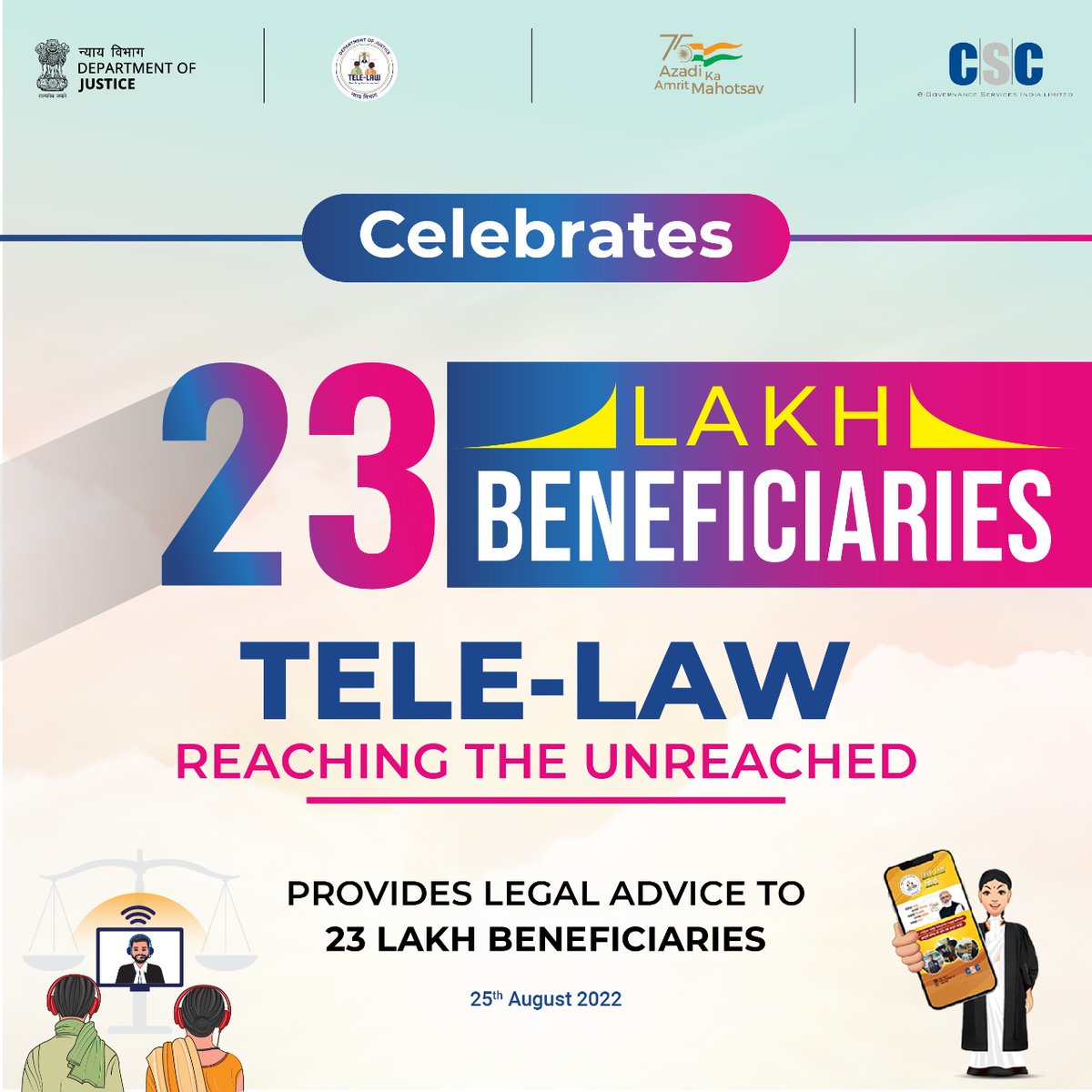 पुष्पेन्द्र सैनी (Pushpendra Saini) (@saini_pushpendr) on Twitter photo Tele-Law reached a new milestone of 23 Lakh beneficiaries got legal advice.
<a href="/CSCegov_/">CSCeGov</a> <a href="/dintya15/">dinesh tyagi Retd IAS</a> <a href="/ceo_csc/">CEO_CSC e-Governance</a> <a href="/TeleLaw_/">Tele-law</a> <a href="/PatankarRishi/">Rishikesh Patankar</a> <a href="/subodhmishracsc/">Subodh</a> <a href="/KingomSmec/">Veer</a> <a href="/l_Smrity/">Lay Smrity (लय स्मृति)</a> <a href="/PMGDISHA/">PMGDISHA</a> <a href="/academy_csc/">CSC Academy</a>
Reaching the unreached Tele-Law reached a new milestone of 23 Lakh beneficiaries got legal advice.
<a href="/CSCegov_/">CSCeGov</a> <a href="/dintya15/">dinesh tyagi Retd IAS</a> <a href="/ceo_csc/">CEO_CSC e-Governance</a> <a href="/TeleLaw_/">Tele-law</a> <a href="/PatankarRishi/">Rishikesh Patankar</a> <a href="/subodhmishracsc/">Subodh</a> <a href="/KingomSmec/">Veer</a> <a href="/l_Smrity/">Lay Smrity (लय स्मृति)</a> <a href="/PMGDISHA/">PMGDISHA</a> <a href="/academy_csc/">CSC Academy</a>
Reaching the unreached