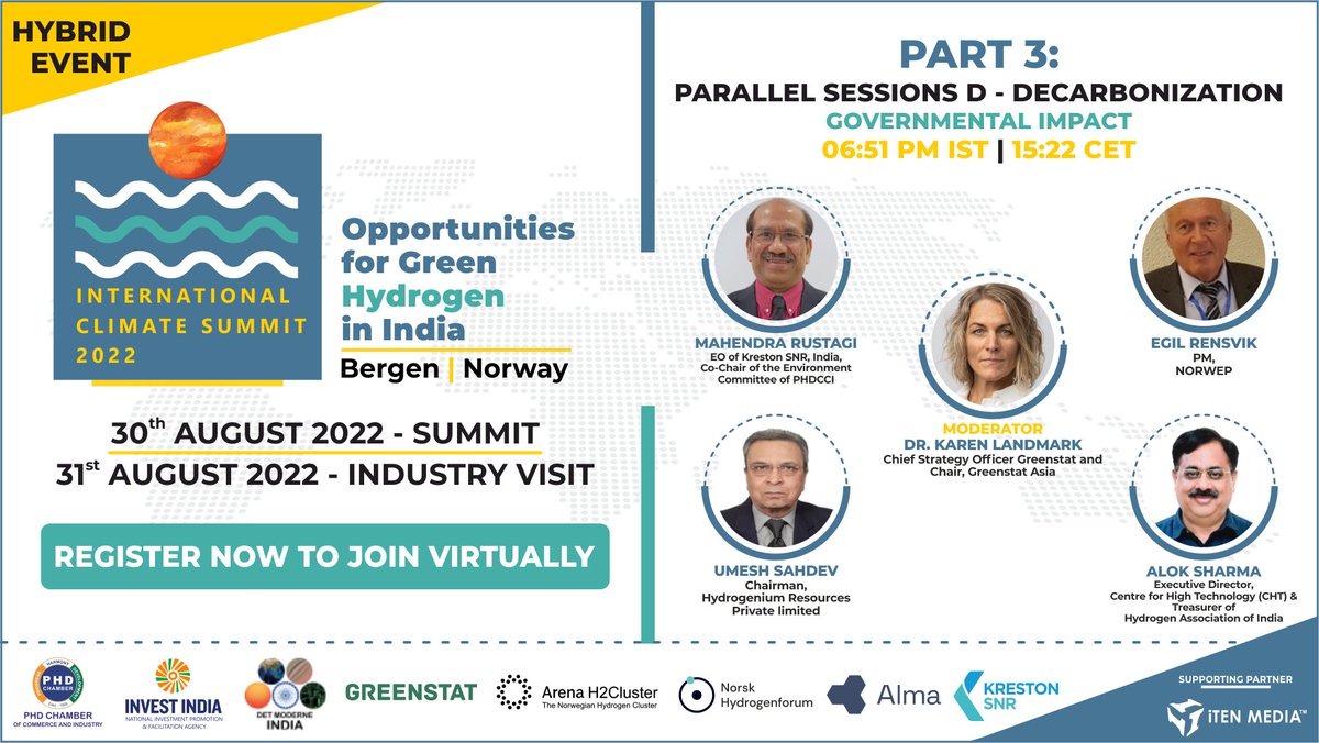 Parallel Session D: Decarbonization - Governmental Impact, at the <a href="/icshydrogen/">International Climate Summit (ICS 2022)</a> 2022.

📌06.51 pm IST II 15.21 CET
📌Hybrid Event: bit.ly/3dl1STs
📌Bergen Norway | 30th- 31st August 2022

<a href="/DrJeewanPrakash/">Dr. J.P.Gupta</a> <a href="/Karenlandmark/">Karen Landmark</a> <a href="/phdchamber/">PHD Chamber</a> <a href="/STURLE2010/">STURLE H PEDERSEN</a> 
#GreenPlanet #ClimateChange