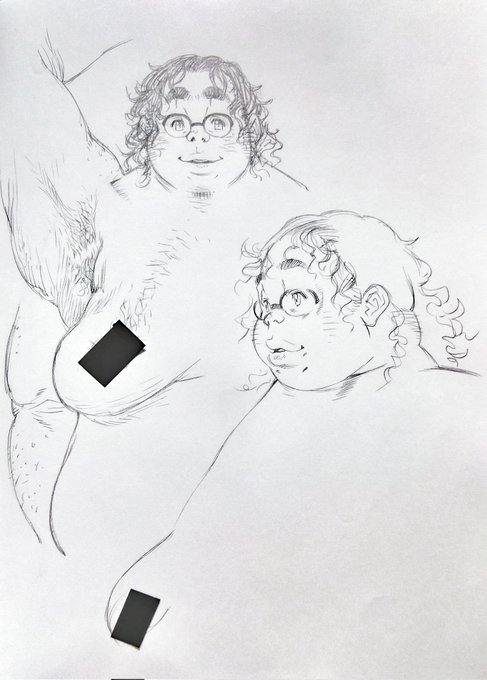 毎週火曜日は吉奈賀くんの未だ先の見えないラフとかOC&amp;版権デブメンズとかw4枚めは「BOLD」誌の創刊号に描かせていただいた作品の主人公デザイン。その右上のメモは編集長からいただいた注文。 