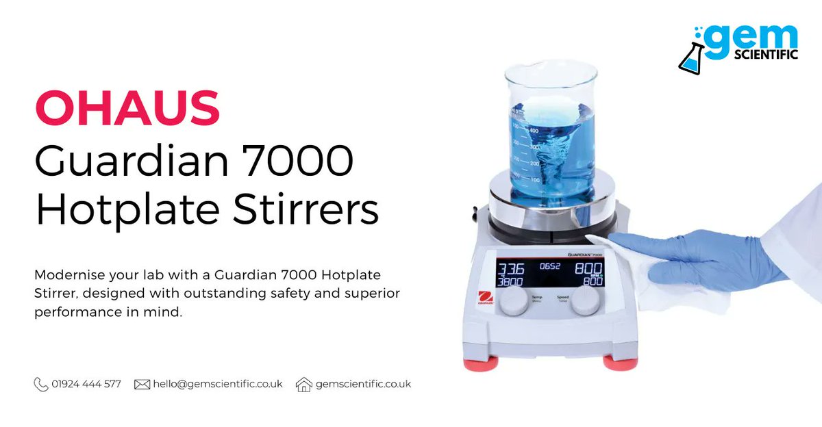 GemScientific's tweet photo. Ohaus Guardian 7000 Hotplate Stirrers are designed with outstanding safety features and superior heating and mixing performance. 

For more information: https://t.co/DmJNVun6BP 
Contact our team: 01924 444577 | hello@gemscientific.co.uk https://t.co/LAU4SJyQg6
